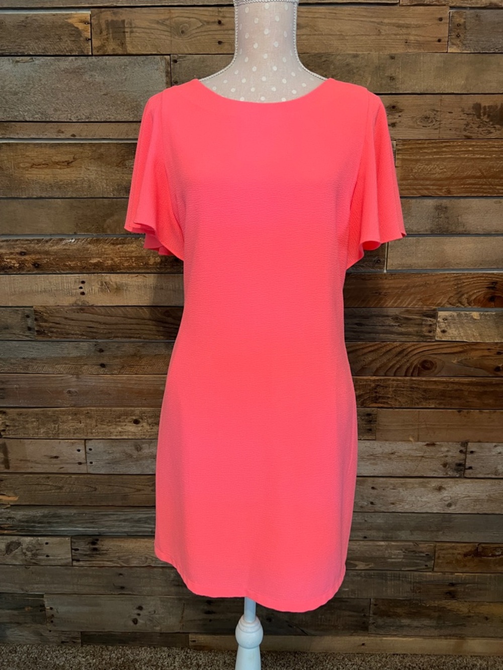 Bright Coral Shift Dress with Ruffle Sleeve